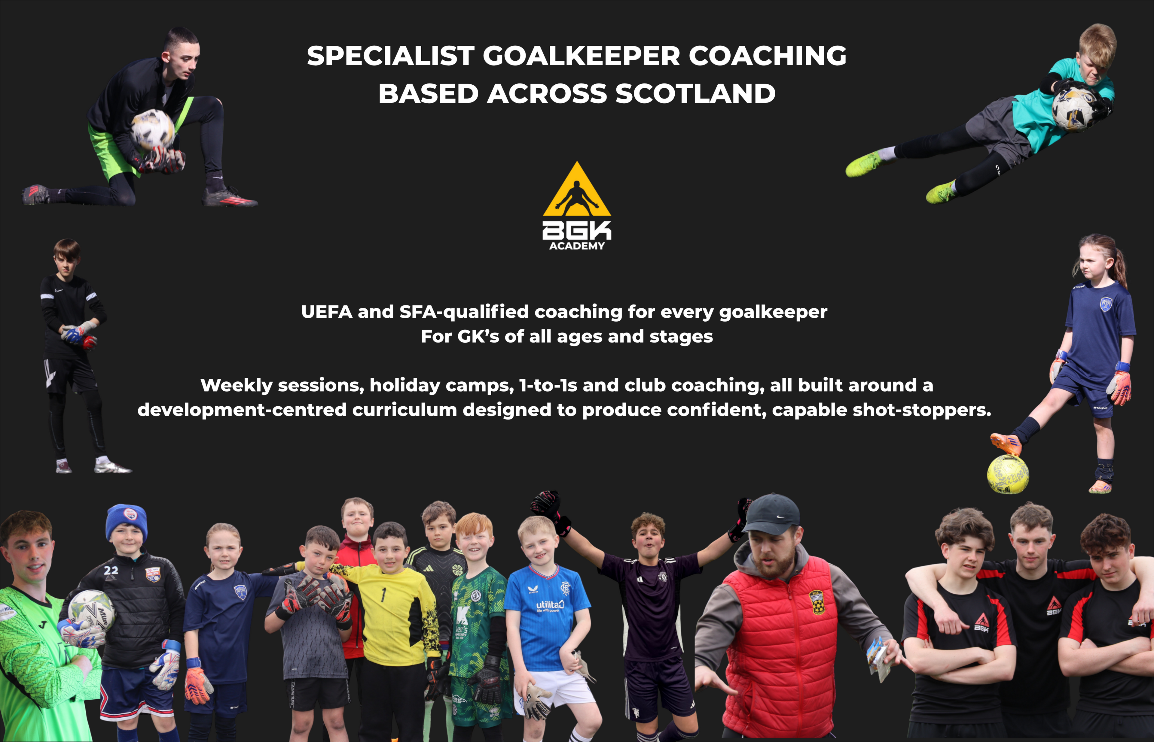 BGK Academy - specialist goalkeeper coaching across Scotland, featuring young goalkeepers and coaches in action at BGK training sessions and camps
